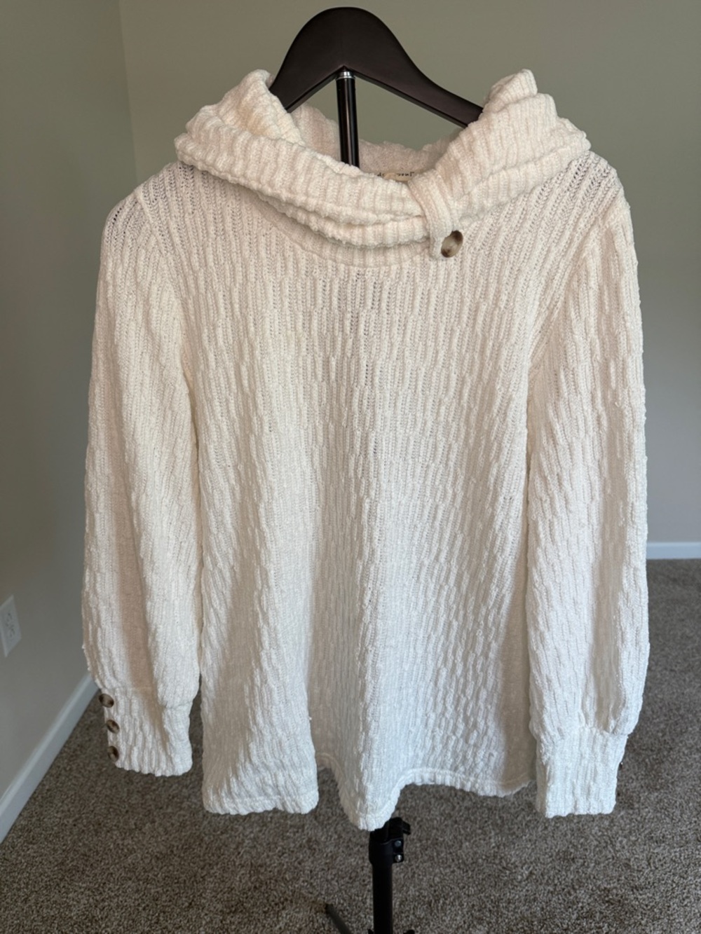 indigo soul Cream Hooded Textured Pullover Sweater